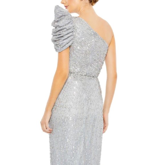 MAC DUGGAL 5622 EMBELLISHED PUFF ONE SHOULDER SILVER GOWN DRESS sz 10 - Picture 4 of 5